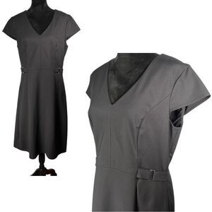 Long Tall Sally Black Midi Dress Belted Short Cap Sleeve V-Neck Classic Tailored